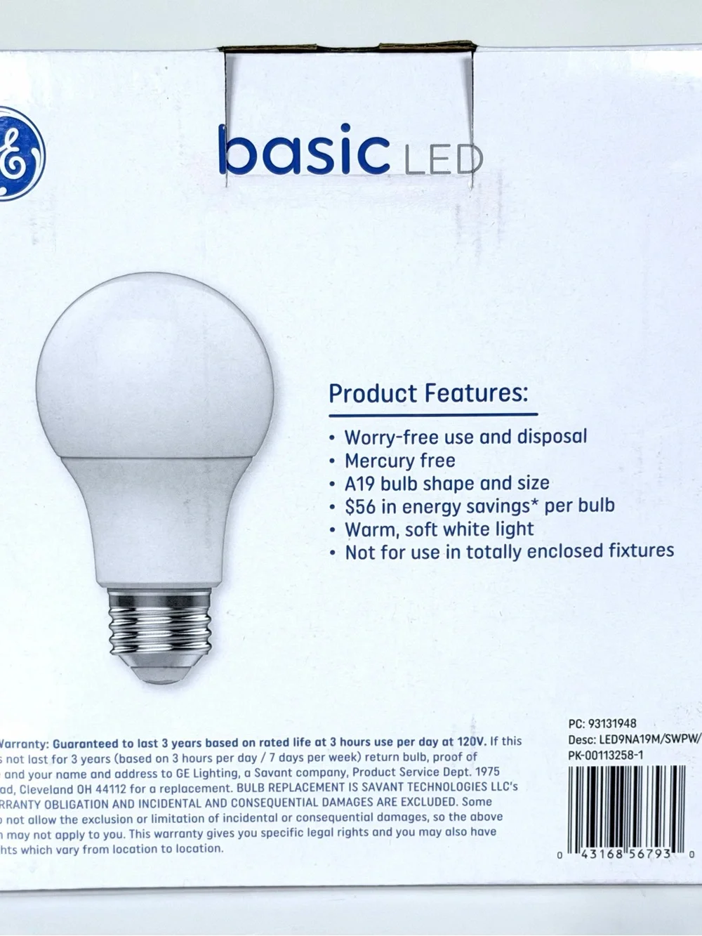 GE Basic LED A19 Soft White 60W Replacement 9W 800 Lumens 12 Pack NEW